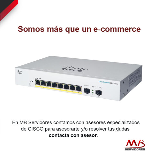 Switch Cisco Gigabit Ethernet Business 220, 8 Puertos PoE 10/100/1000 + 2 Puertos SFP, 65W, 20 Gbit/s, 8.192 Entradas - Gestionado